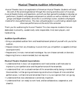 Preview of Musical Theatre Class Audition & Teacher Approval Form