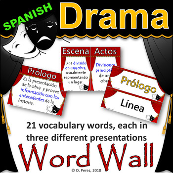 Preview of Drama Vocabulary Word Wall (Vocabulario)-Full Page and Half Page Posters-Spanish