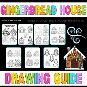Preview of Draw Gingerbread House Art Coloring Page Winter Landscape Drawing Guide Clip Art