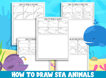 Preview of Draw Sea Animals (Whale, Shark, Dolphin, Anglerfish, Tang Fish)+5 Coloring Pages