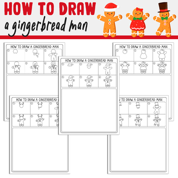 Preview of Draw a Gingerbread Man: Directed Drawing Step by Step Tutorial+5 Coloring Pages