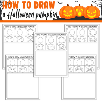 Preview of Draw a Halloween Pumpkin Easy for Kids, Step by Step Tutorial + 5 Coloring Pages