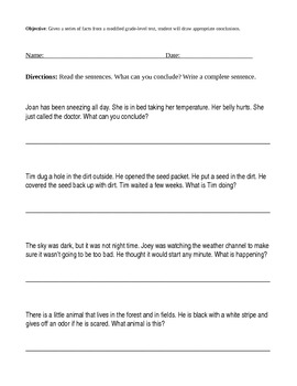 Preview of Drawing Conclusions Worksheet; Middle School Special Ed; Modified
