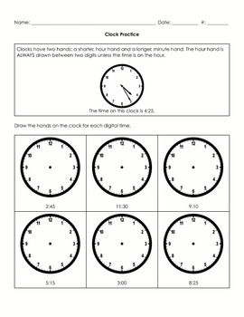 Drawing Hands on a Clock Worksheet - 5 Minute Increments by Angeline