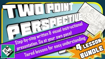 Preview of Middle School Art Lesson: Drawing in 2 Point Perspective (BUNDLE 1-4)