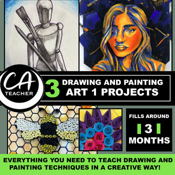 Preview of Drawing and Painting Project Bundle-3 Art 1 or Art 2 Creative Lessons and units