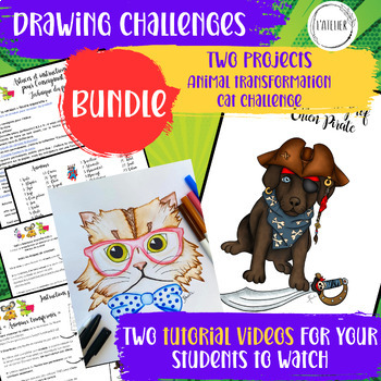 Preview of Bundle: Animal & Cat Art Drawing challenge,  Sub Plans, Markers