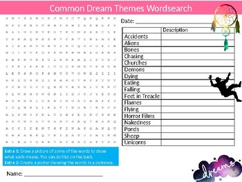 Preview of Dream Themes Wordsearch Sheet Starter Activity Keywords Psychology MInd