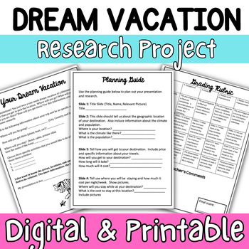 Preview of Dream Vacation Research Project-Digital & Printable- 6th, 7th, 8th Grade
