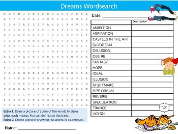 Preview of Dreams Wordsearch Sheet Starter Activity Keywords Cover Aspirations The Brain