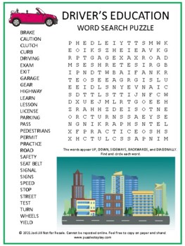 Preview of Driver's Education Word Search Puzzle Activity Worksheet  | No Prep Drivers Ed!