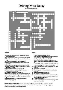 Driving Miss Daisy Vocabulary Crossword by M Walsh TPT