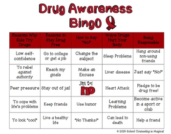 drug awareness bingo by school counseling is magical tpt