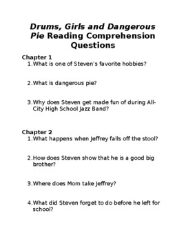 Preview of Drums, Girls and Dangerous Pie Reading Comprehension Questions