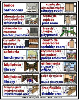 Dual Language Bilingual Places in School Color Coded Labels | TpT