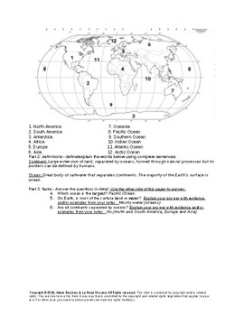 Dual Language Spanish Geography 7th grade quiz: Continents and Oceans + key