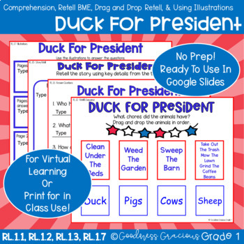 Preview of Duck For President- Comp., Drag & Drop Sequence, Retell, and Using Illustrations