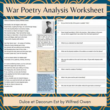 Preview of Dulce et Decorum Est by Wilfred Owen War Poetry Analysis Worksheet