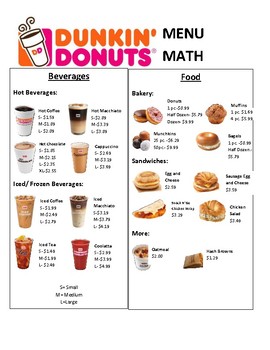 Preview of Dunkin Donuts Menu Math