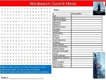 Dunkirk Movie Wordsearch Puzzle Sheet Keywords Activity Film History