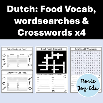 Preview of Dutch language: food vocab, crosswords & wordsearches x4 with vocab lists.