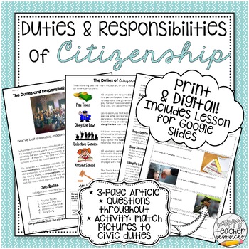 Preview of Duties & Responsibilities of Citizenship Article & Picture Match for Civics