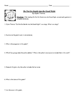 Preview of Dylan Thomas' "Do Not Go Gentle Into That Good Night" Worksheet and Answer Key