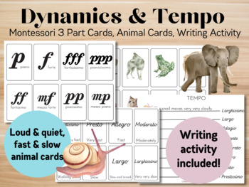 Preview of Dynamics & Tempo/Montessori 3 Part Cards/Animal Matching/Writing Activity