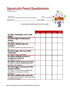 Preview of Dyscalculia Parent Questionnaire (Middle School)