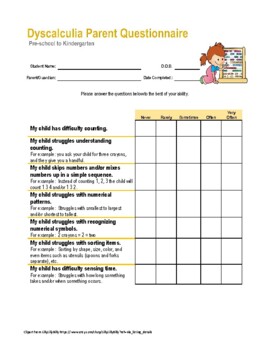 Preview of Dyscalculia Parent Questionnaire (Pre-K - Kindergarten)