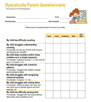 Preview of Dyscalculia Parent Questionnaires (Pre-k - 12th Grade)