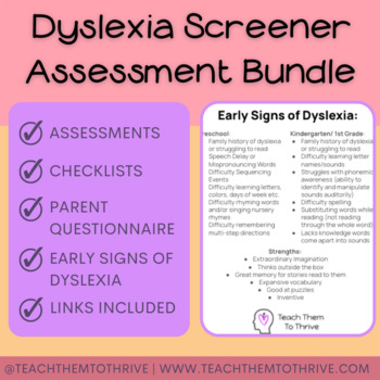 Preview of Dyslexia Screener Assessments with Checklists and Questionnaire