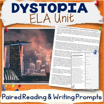 Preview of Dystopia Unit - Middle School ELA Paired Reading Activities, Writing Prompts