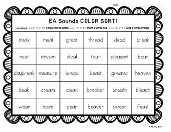 Preview of EA Sounds Color Sorting Worksheet - Long E, Short E or Long A - UFLI Aligned 94