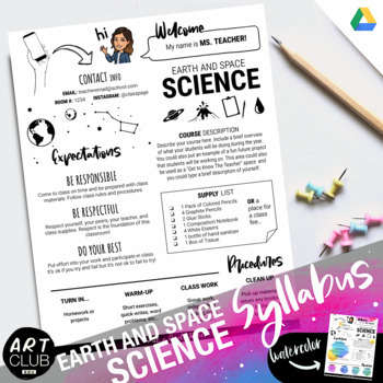Preview of EARTH AND SPACE SCIENCE Syllabus Template | B&W Version + Watercolor Version