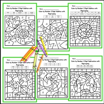 EARTH DAY Addition and Subtraction with Regrouping 2 Digit COLOR BY NUMBER