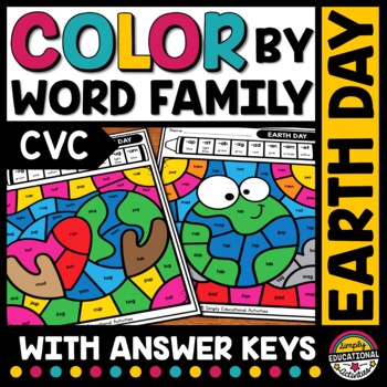 Preview of EARTH DAY COLOR BY CODE CVC WORD WORKSHEETS PHONICS APRIL COLORING PAGES SHEETS