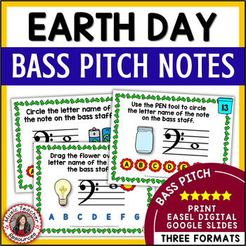 Preview of EARTH DAY Music Activities - Bass Clef Notes Worksheets and Task Cards