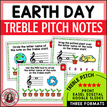Preview of EARTH DAY Music Lesson Activities - Treble Clef Notes Worksheets and Task Cards