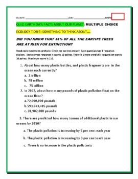 Preview of EARTH DAY QUIZ: MULTIPLE CHOICE, W/ANS. KEY   GRS. 8-12, ECOLOGY, & ENVIRONMENT