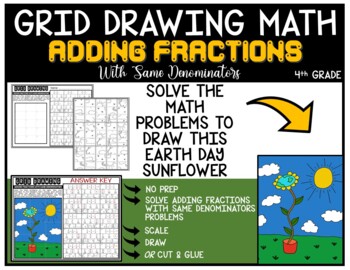 Preview of EARTH DAY SUNFLOWER Grid Drawing Math ADDING FRACTIONS WITH SAME DENOMINATORS