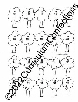 Preview of EARTH DAY TREE MATH ADDITION WORKSHEETS plants science 2 digits 3 digits