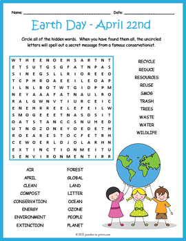 Preview of (4th, 5th, 6th, 7th Grade) EARTH DAY Word Search Puzzle Worksheet Activity