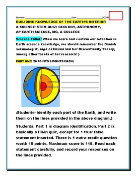 Preview of EARTH'S INTERIOR: A 2 PART QUIZ W/ ANS. KEY: AP EARTH SCIENCE, HS, MG, & COLLEGE