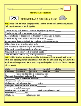 Preview of EARTH SCIENCE: SEDIMENTARY ROCK:  A QUIZ W/ ANSWER KEY