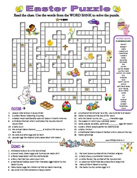 Preview of EASTER CROSSWORD PUZZLE - Quiz with Clues/Definitions & Word Bank