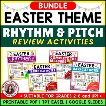 Preview of EASTER Music Activities, Rhythm, Treble & Bass Clef Notes Worksheets