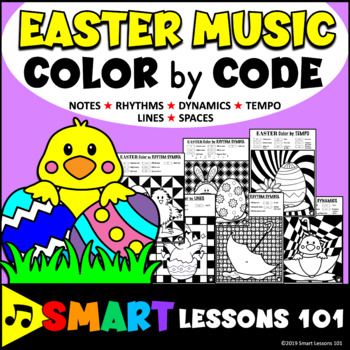 Preview of EASTER Music COLOR by CODE WORKSHEETS Note Rhythm Dynamic Tempo Coloring Pages