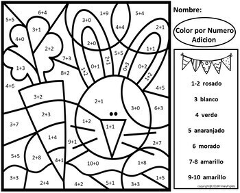 EASTER SPANISH WORKSHEETS ADDITION SUBTRACTION COLOR BY NUMBER CODE