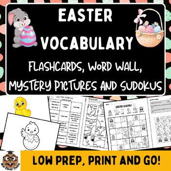 Preview of EASTER VOCABULARY Flashcards Word Wall Mystery Pictures and Picture Sudokus